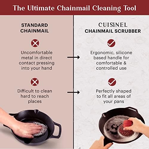 Cast Iron Chainmail Scrubber + Pan Scraper - Ergonomic Stainless and Silicone Cleaner for Pots and Skillets - Premium Food-Safe Design - Easy to Clean Dishwasher Safe Cookware Sponge Kitchen Accessory - Image 6