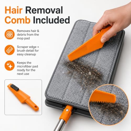 Microfiber Flat Mop for Floor Cleaning, Foldable Floor Mop with 2 Washable Pads & Hair Removal Comb, Adjustable Long Handle Dust Mop for Hardwood Tile Laminate, Wet & Dry Baseboard Cleaner - Image 5