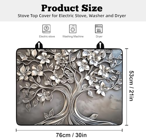 Multi-Design Stove Top Cover for Glass/Electric Stoves - 3-in-1 Heat-Resistant Protector Mat, Non-Slip Drying Rack 30"x21" (Silver-Tree) - Image 2