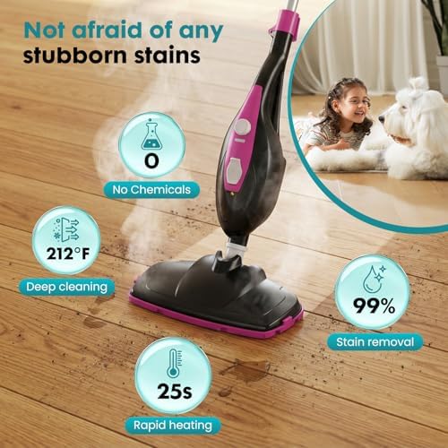OLIXIS 10-in-1 Steam Mop, 1550W Detachable Handheld Steam Cleaner for Floor Cleaning, 16.4FT Cord, 2 Washable Pads, Multi-Purpose Floor Steamer for Hardwood, Carpet, Tile, Grout, Windows, Black Pink - Image 3