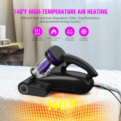 Bed Vacuum Cleaner Mattress Vacuum Cleaner,16Kpa Powerful Handheld Vacuums with UV-C Light & Double Dust Cup & High Heating & Ultrasonic & HEPA Filter for Bed Sofa(Corded,Midnight Purple) - Image 4