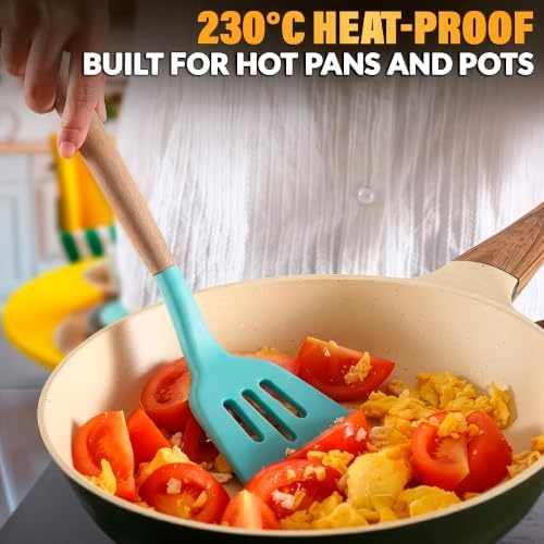 12 Pcs Cooking Kitchen Accessories Set with Holder, Silicone Heads (Teal) - Image 6
