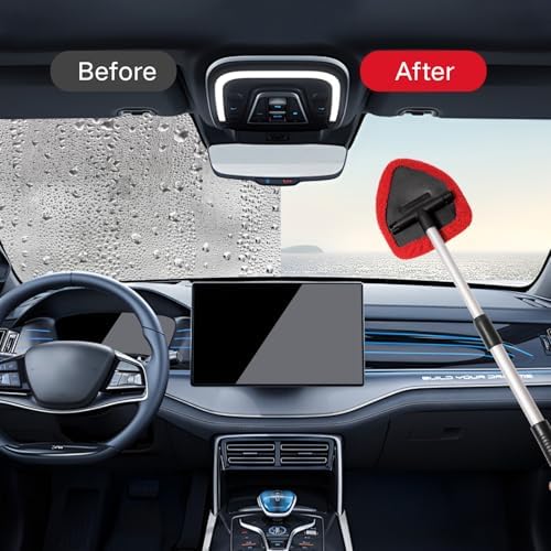 Qydipclin 10pcs Windshield Cleaner Tool, Car Window Cleaning Wash Kit with 4 Reusable Microfiber Pads 1 Spray Bottle and Extendable Handle Auto Glass Wiper Kit, Red - Image 3