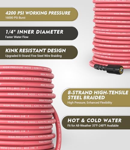 Pressure Washer Hose 100 ft, 4200 PSI Flexible & Kink-Resistant, Steel-Braided & Durable, High Power Washer Hose with M22-14mm Stainless Steel Plug, Hot/Cold Water Compatible - 100 Foot, Red - Image 2