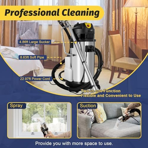 Commercial Carpet Cleaner Machine, 40L/11gal Stainless Steel Spraying Cleaning Machine with 6 Suction Heads Deep Cleaning Carpet Shampooer w/Mobile Tires for Couch Curtain Car Deep Cleaning(No Steam) - Image 5