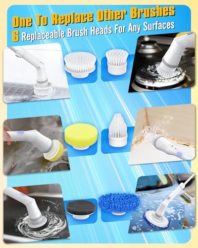 Electric Spin Scrubber, Cordless Shower Spin Scrubber with Dual Speed, 6 Replacement Brush Heads & Adjustable Extension Arm, 2H Bathroom Scrubber, Power Spin Scrubber for Bathroom Car Floor Grout Sink - Image 3