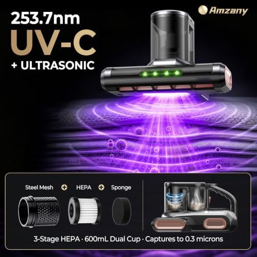 Amzany Cordless Mattress Vacuum Cleaner, 18Kpa Bed Vacuum with 253.7nm UV-C Light & Ultrasonic, 52800 BPM Tapping, 3-Stage HEPA, Green Light Dust Detection for Bed Sofa Couch Crib Pet Hair - Image 6