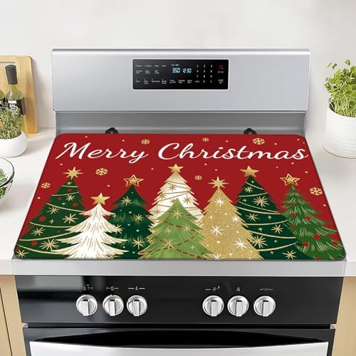 Christmas Trees Stove Cover, Merry Christmas Stove Top Cover for Gas Stove Xmas Red Winter Kitchen Decor Glass Stove Top Pad Heat Resistant Electric Stove Protector Washable Cooktop Oven Mat by Seimip