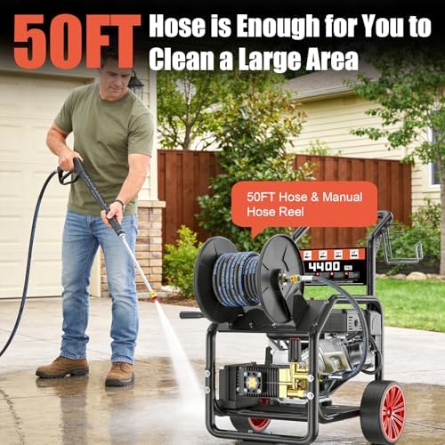 4400PSI Gas Pressure Washer with Hose Reel, One-Button Start 420cc 15HP 4-Cycle Engine, 4.0 GPM Heavy Duty Power Washer with 50FT 3/8" Hose, Spray Gun & Wand, 5 Quick Connect Nozzles - Image 5