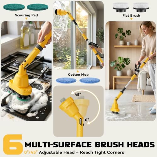NATBEESY 2 in 1 Electric Spin Scrubber Compatible with DeWalt 20V Battery(Tool Only), Dual-Head Power Scrubber, 680/1200 RPM, 45° Adjustable Head, Extendable Handle for Tile, Tub, Floor & Bathroom - Image 6