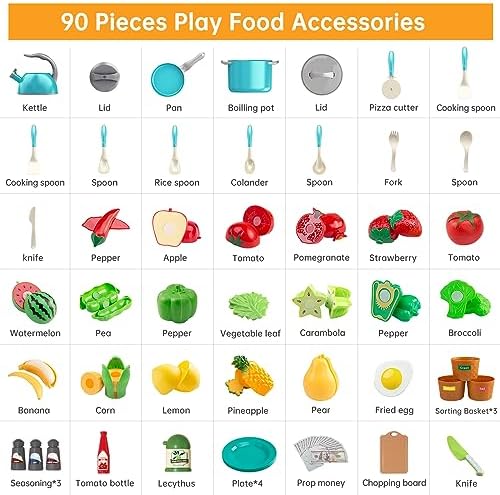 90Pcs Kitchen Playset Accessories, Pretend Cooking with Pots, Pans, Cookware, Food, Fruit, Veges, Color Sorting Baskets, Prop Money, Learning Gift for Girls Boys Toddlers (Turquoise) - Image 3