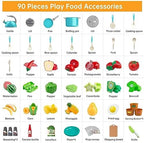 90Pcs Kitchen Playset Accessories, Pretend Cooking with Pots, Pans, Cookware, Food, Fruit, Veges, Color Sorting Baskets, Prop Money, Learning Gift for Girls Boys Toddlers (Turquoise) - Image 3