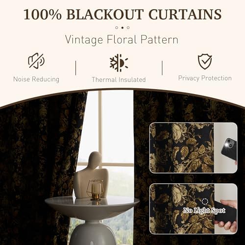 StangH Gold 100% Blackout Floral Velvet Curtains 108 Inch 2 Panels - Image 5