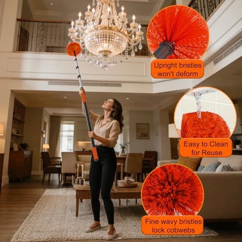 26FT Reach Cobweb Duster with Extension Pole - Spider Web Brush for Cleaning with 5-20FT 4-Section Flip-Lock Telescopic Pole, Effortlessly Cleans High Indoor & Outdoor Webs - Image 6