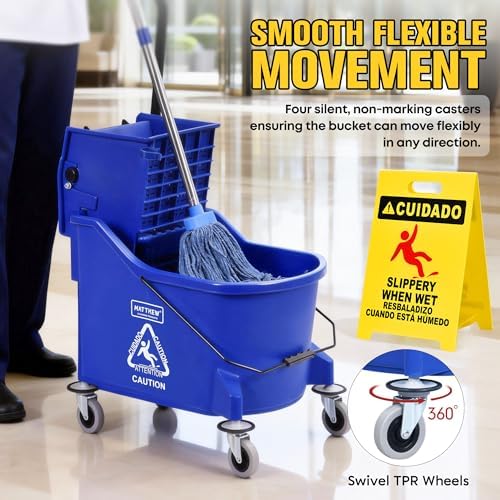 Matthew Cleaning Blue 44Quart Commercial Mop Bucket INCL.Wet String Mop& 19'' Industrial Wet Floor Sign with Side Press Wringer On Wheels,Tandem Portable Floor Cleaning Wavebrake,Ideal for Household - Image 5