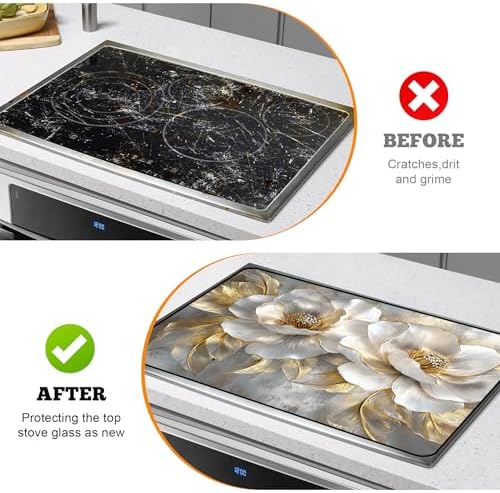 Multi-Design Stove Top Cover for Glass/Electric Stoves - 3-in-1 Heat-Resistant Protector Mat, Non-Slip Drying Rack 28"x20" (Peony, 28" L x 20" W) - Image 5
