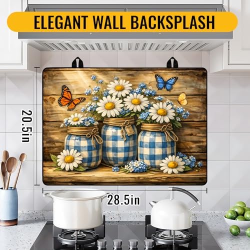 NYZE Stove Top Cover for Electric/Glass Stove, 28x20 Inch Stovetop Cover Flat Top Protector Dish Drying Mat for Kitchen (Blue Grid Daisy Jars) - Image 2