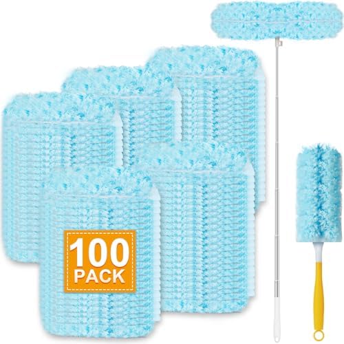 100Pcs Duster Refill Compatible with Swiffer Hand Duster +4FT Extended Handle +1 Handle, 360° Heavy Duty Duster Refills Kit for Cleaning, Office, Ceiling Fan, Baseboard & Blind by Unknown
