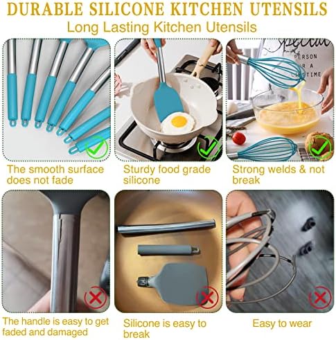 15 Pcs Silicone Cooking Utensils Kitchen Utensil Set - Umite Chef 446°F Heat Resistant Stainless Steel Handles Kitchen Gadgets Tools Set for Nonstick Cookware(Blue) - Image 3