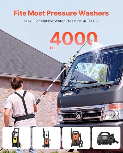 VEVOR 25 FT Pressure Washer Telescoping Wand, with Power Washer Extension Wands & High Pressure Hose, Brush Head, 7 Nozzles, Hose Adapter, Upgrade Support Belt, Storage Bag, 4000 PSI for High Cleaning - Image 3