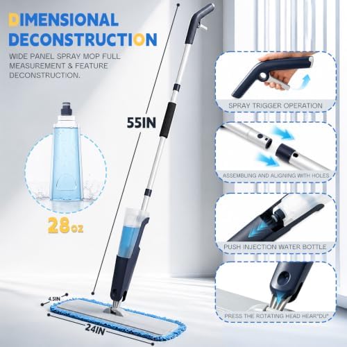 24" Spray Mop Wet Dry Heavy Duty 28oz 55" Handle 2 Pads Blue - Image 2