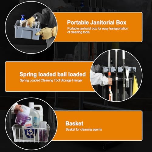 Rolling Cleaning Cart with Mop & Broom Organizer ， Convenient Storage Cart for Janitorial Supplies, Tools, and Cleaning Equipment ， Floor Cleaning Station with Wheels for Housekeeping, Garage &Garden - Image 4