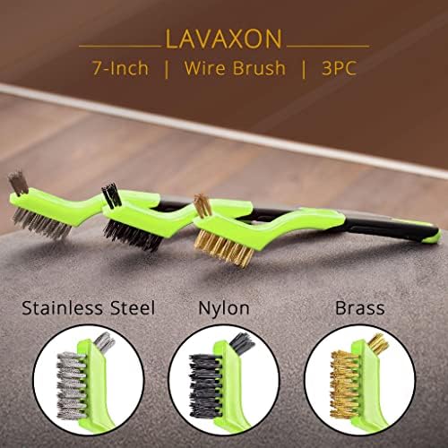 Lavaxon Wire Brush Set 3Pcs - Nylon/Brass/Stainless Steel Bristles with Curved Handle Grip for Rust, Dirt & Paint Scrubbing with Deep Cleaning – 7 Inches (Green) - Image 5