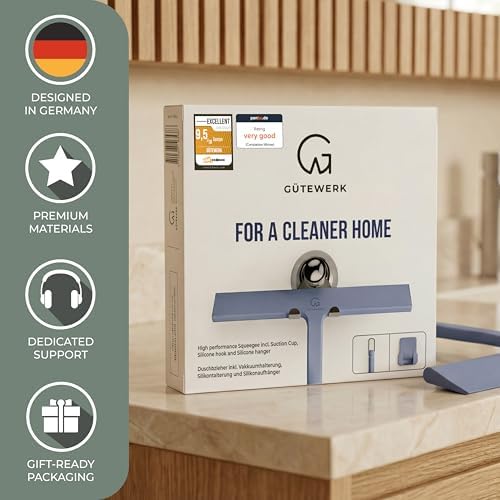 GÜTEWERK Silicone Shower Squeegee with 3-in-1 No-Drill Mount, Blue, 11'' - Image 5