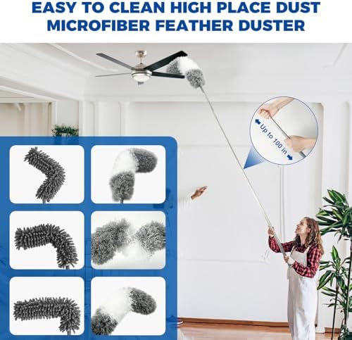 9Pcs Dusters for Cleaning Kit, Extendable Microfiber Duster Tools with 100" Long Pole, Retractable Gap Bendable Dust Cleaner, Reusable Washable Cleaning Supplie for Ceiling Fan Furniture Cars and Home - Image 2