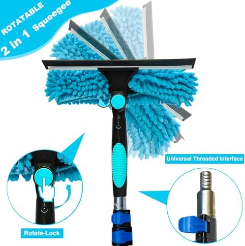 20 Ft+ Reach 2 In 1 Window Squeegee Duster with 5-to-12 Foot Extension Pole, Cleaner Tool with 3-Stage Telescoping Pole, Cleaning Kit with Rotatable Head - Chenille Cloth + Microfibre Cloths Head - Image 2