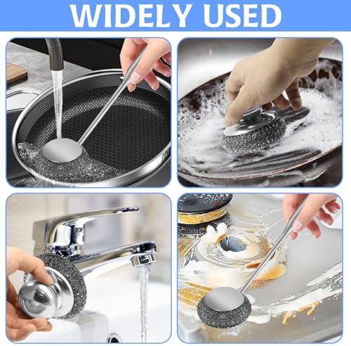 2Pcs Stainless Steel Wool Scrubber Sets, Dish Scrubber with Long Short Handle Stainless Steel Scrubber Cleaning Brush Metal Scrubber with Replacement, Steel Scrubber for Dishes Tableware Home Kitchen - Image 7