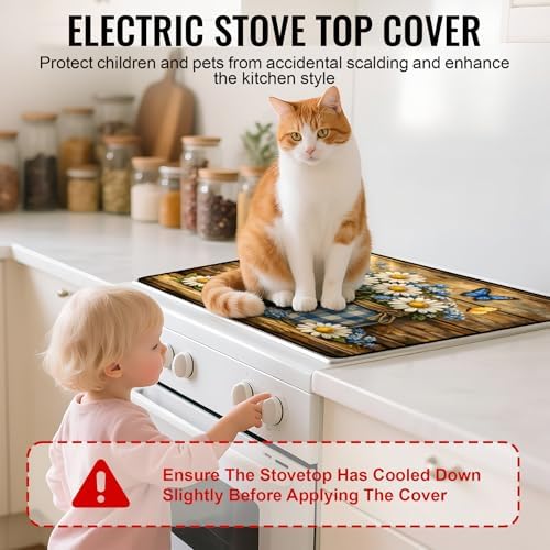 NYZE Stove Top Cover for Electric/Glass Stove, 28x20 Inch Stovetop Cover Flat Top Protector Dish Drying Mat for Kitchen (Blue Grid Daisy Jars) - Image 6