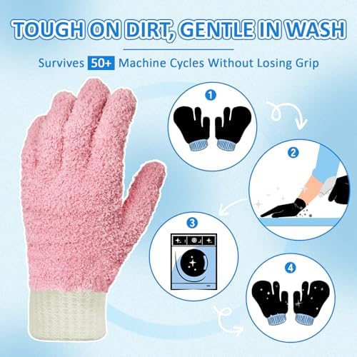 MIG4U Microfiber Dusting Gloves House Cleaning Glove for Blinds, Windows, Shutters, Furniture, and Car, Reusable Lint-Free Pink 2 Pairs S/M - Image 3