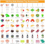 150Pcs Kitchen Playset, Toddlers Pretend Cooking Cookware Accessories, Food, Picnic Blanket, Fruits, Veges, 2Pack Shopping Storage Basket, Dessert and Prop Money, Gift for Kids (Pink) - Image 3