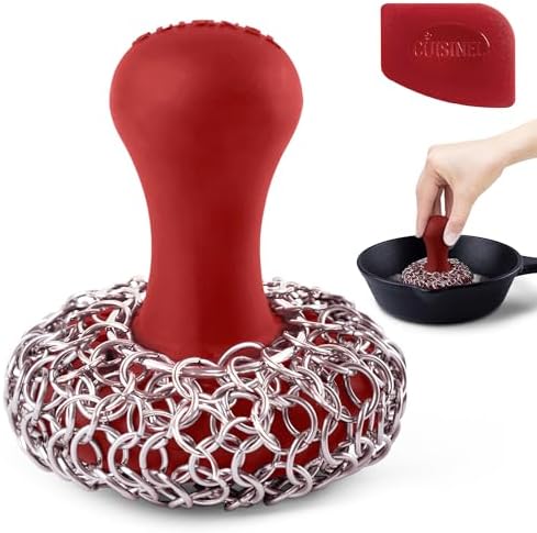 Cuisinel Cast Iron Chainmail Scrubber + Pan Scraper - The Patented Original Ergonomic Stainless & Silicone Pot & Skillet Cleaner - Premium Food-Safe Design - Easy Clean Dishwasher Safe Cookware Sponge by Cuisinel