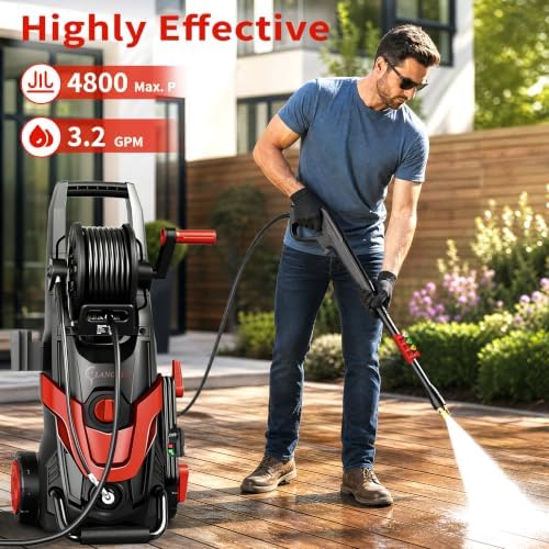 2026Upgraded 4800 MAX Pressure Washer w/5 Quick Connect Nozzles, 35ft Power Cord w/GFCI, Inlet Hose & Filter& Soap Tank for Cars/Driveways/Home Cleaning, Bright Red - Image 2