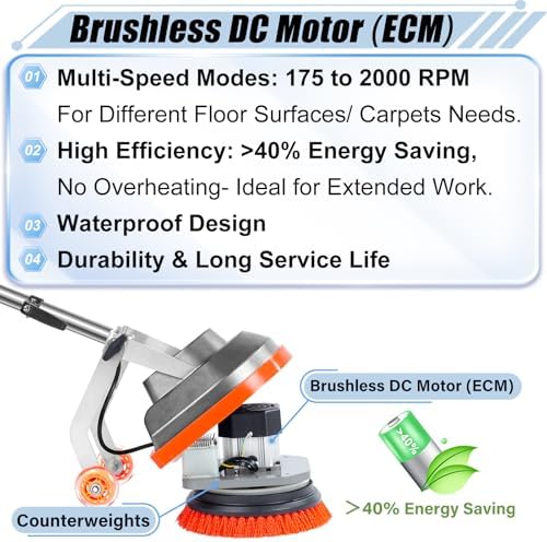 HHQ Commercial Floor Scrubber Machine with Brushes and Pads, Heavy Duty Floor Cleaner Polisher and Buffer- Deep Cleaning Tile and Grout, Hardwood Floors and Carpets without Getting on Hands and Knees - Image 5