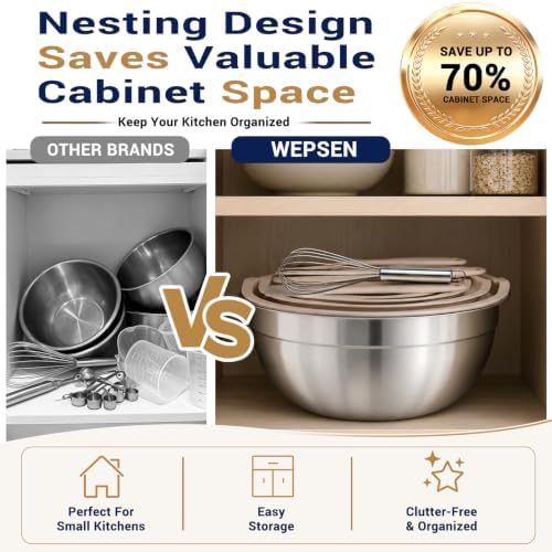 WEPSEN Mixing Bowls Set, 25PCS Khaki Mixing Bowls With Lids Set Stainless Steel Kitchen Large Nesting Metal Bowl 7QT to 1.5QT, Measuring Cups and Spoons for Prepping Cooking Serving - Image 3