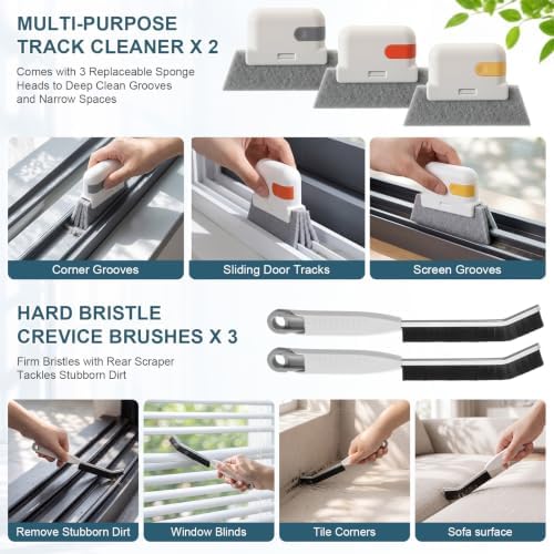 9 Pcs 3-in-1 Window Screen Cleaning Brush Set, Mesh Screen Cleaner Tool & Pet Hair Remover with Squeegee, Detachable Long Handle, Track Brush, Sponge Heads for Patio, Door, Couch, Porch Screens - Image 5