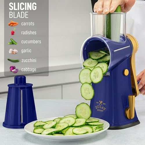 Rotary Cheese Grater Manual Hand Crank 5 Blade Shredder, Blue & Gold - Image 5