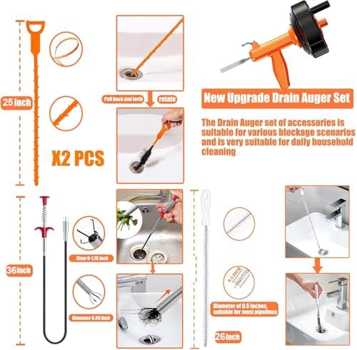 Drain Snake, Auto Feed Plumbing Snake with Drill Adaptor, 25 Feet Drain Auger Tool Set Included Drain Clog Remover, Hair Clog Remover ＆ Cleaning Brush for Kitchen, Bathroom and Shower Sink with Gloves - Image 4
