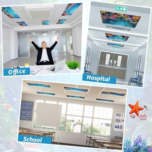 Wiooffen 6 Pcs Fluorescent Light Covers with 60 Magnets Decorative for Classroom Ceiling Light 4 x 2 Feet Magnetic Light Covers Filter Easy Install for Office Hospitals & Home (Ocean) - Image 4