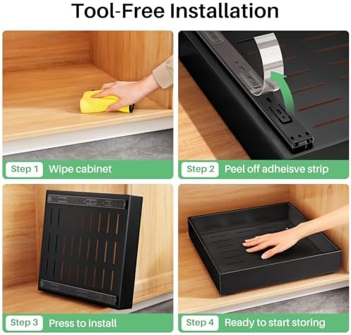 2Pack Pull out Cabinet Organizer, 21"Deep, Heavy Duty Full-extension Slide out Drawers for Kitchen Cabinet, Roll out Shelf Storage with Nano Adhesive for Pots,12"W x 21"D x 3.1"H, Black - Image 7