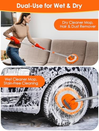 2 in 1 Lightweight Wall Cleaner Mop with Long Handle 75" 190cm Lint-Free Chenille Duster Mop for Kitchen Baseboard Floor Ceiling Glass Window Roof Adjustable Cleaning Brush Tool, 2 Replacement Heads - Image 5