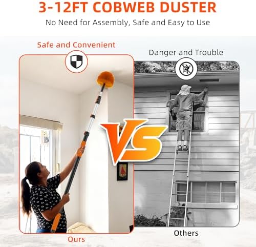 18 FT Cobweb Duster with 3-12 FT Telescoping Pole, Dual Action Flip-Lock & Screw Fixing Design, Washable Reusable Duster for High Ceilings, Fans & Home Cleaning - Image 3