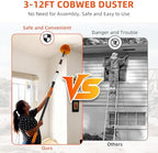 18 FT Cobweb Duster with 3-12 FT Telescoping Pole, Dual Action Flip-Lock & Screw Fixing Design, Washable Reusable Duster for High Ceilings, Fans & Home Cleaning - Image 3
