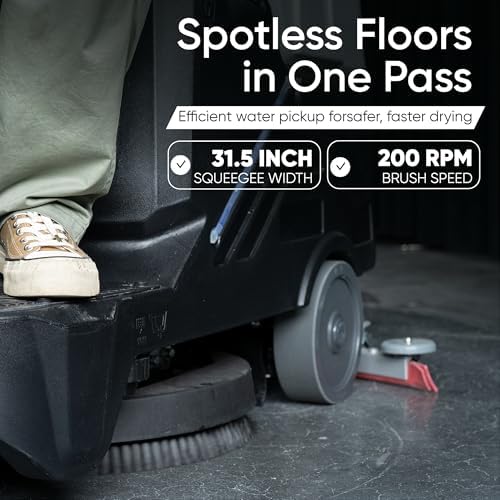 Battery Powered Ride-On Commercial Floor Scrubber Machine, 22" Brush, 31.5" Squeegee Width, 19 gal Solution Tank, 20 gal Recovery Tank, 5 hr Use 7 hr Charge, 200 RPM, 48,400 Sqft/H, Batteries Included - Image 2