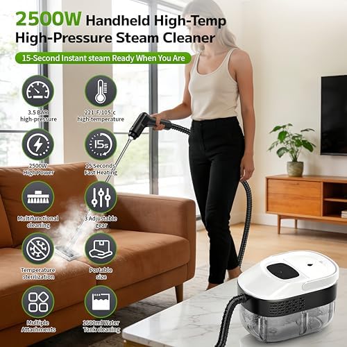 Portable Steam Cleaner for Home and Car, 15s Heat-Up, 15Pcs Accessories - Image 2
