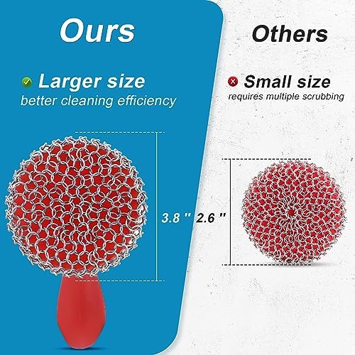 Cast Iron Scrubber,Stainless Chainmail Scrubber with Handle,Red - Image 2