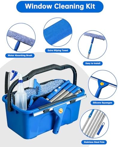 Window Cleaning Kit with Storage Bucket, Squeegee Cleaner Tool with Extension Pole, Glass Cleaning Tools Set with Spray Bottle, Brush, Scrubber, Gap Brush & Gloves for Window Shower Mirror Car - Image 3
